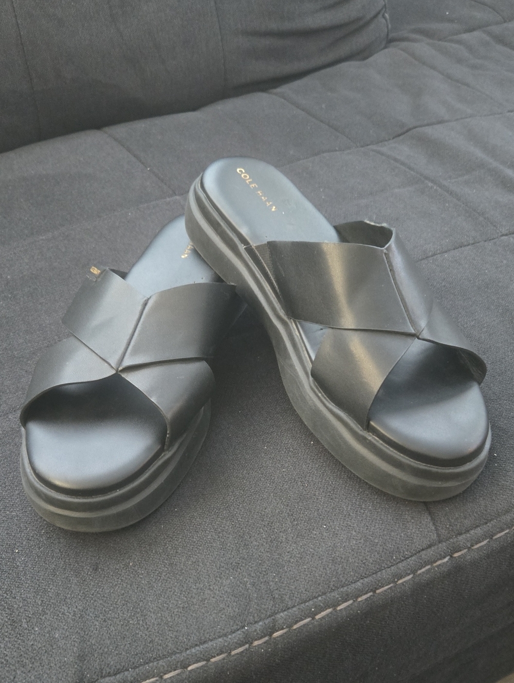 Cole Haan Black Leather Crossover Slide Sandals with Gold Accents - Picture 2 of 4